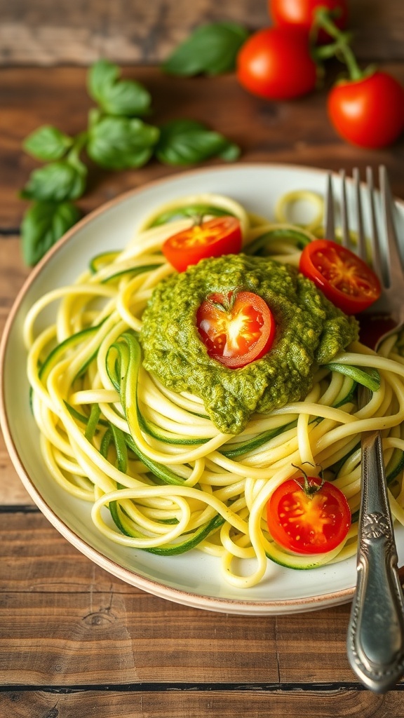 Zucchini noodles with pesto and cherry tomatoes on a rustic table.